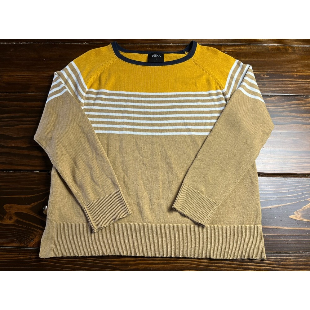Week& Sweater, Women's Size Small, Tan Yellow, Striped, Pullover, Button on side